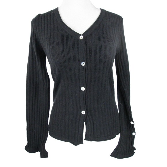 Black Ribbed Button Up Knit Cardigan M commense Long Flared Sleeves 23-280 - Picture 1 of 9